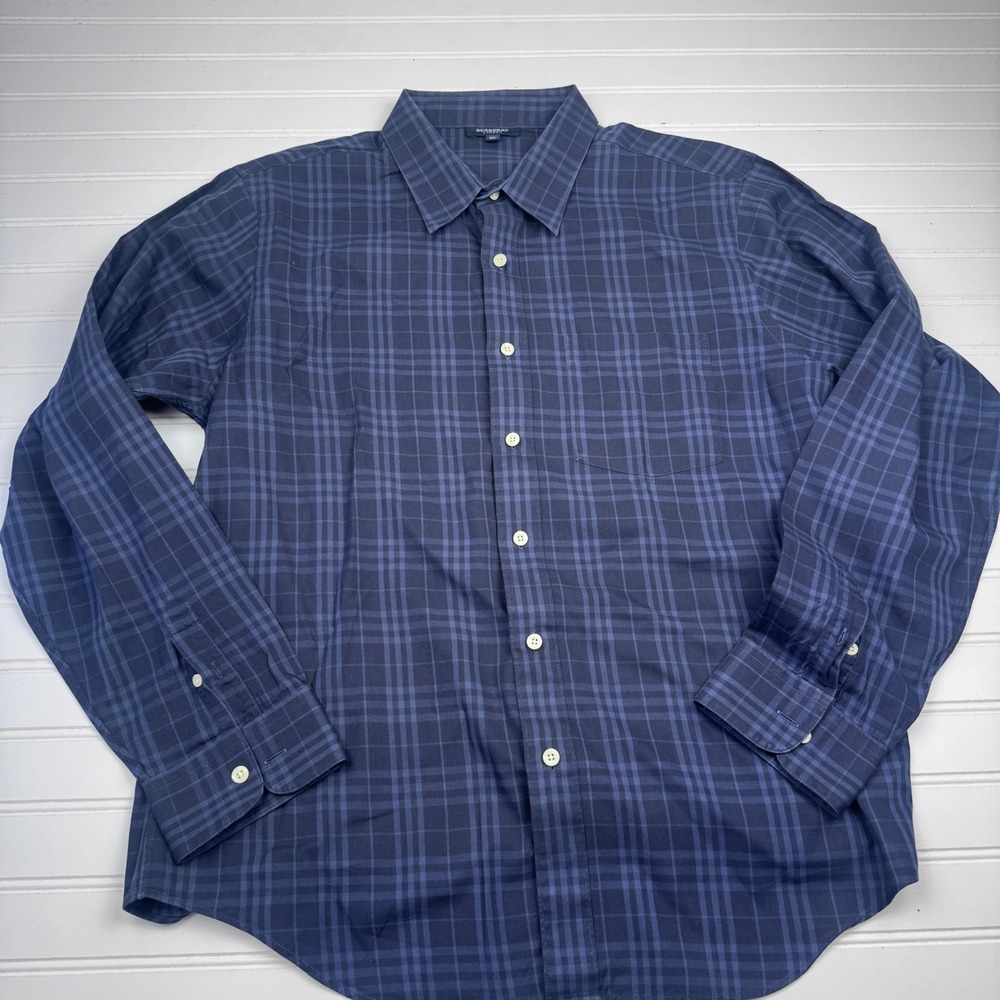 Burberry London Men's XL Bue Long Sleeve Plaid Button Down 100% Cotton